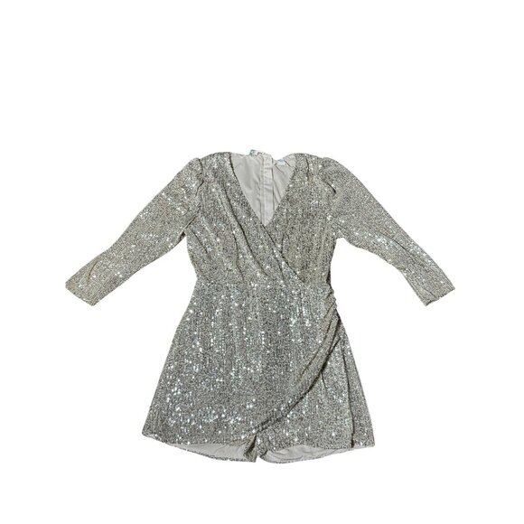 H&M Womens M Gold Sequin Wrap Mini Dress Romper Long Sleeve Holiday Party Chic - Picture 14 of 14